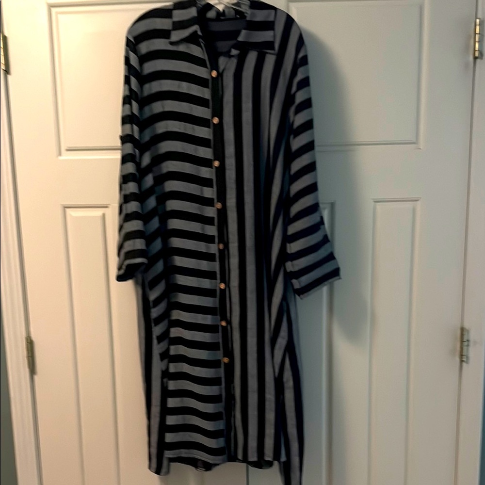 Linen blue and black stripes dress with button front.  Made in Italy